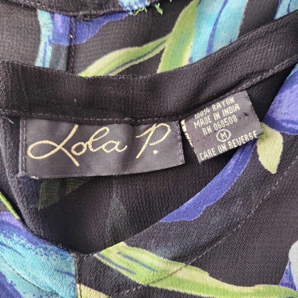 Vintage 90s Black Floral Midi Dress Crinkle Fairy Grunge Blue Lola P Medium - Picture 9 of 16